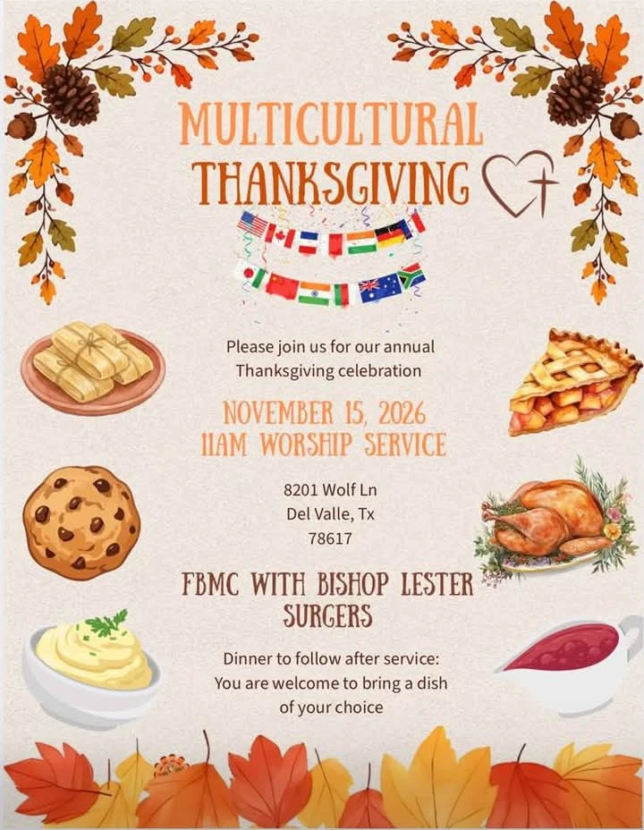 Multicultural Thanksgiving celebration flyer, November 15, 2026, worship at 11 AM, dinner afterward
